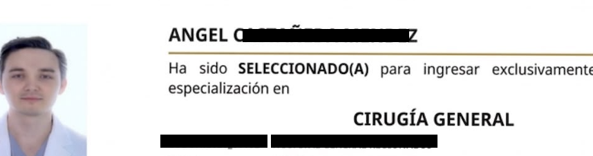 Carta de selección de Ángel a Cirugía General