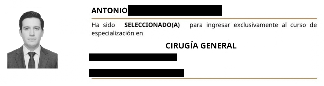 Carta de selección de Antonio a Cirugía General