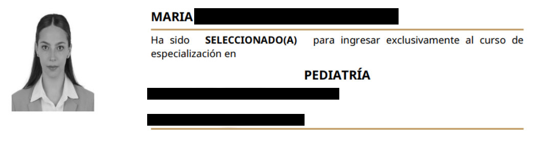 Carta de selección de María a Pediatría