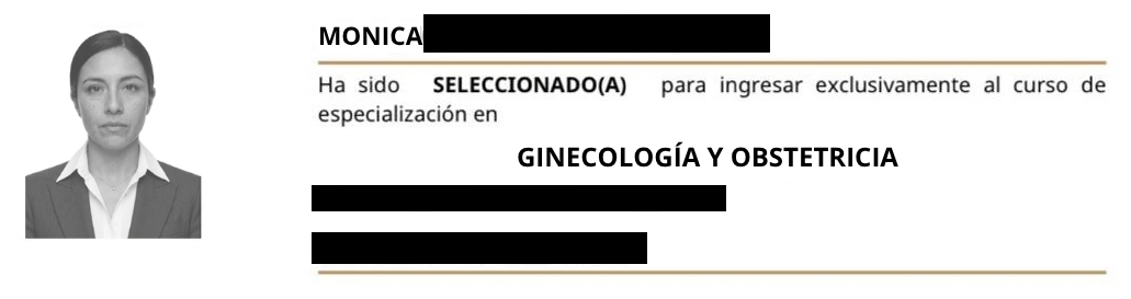 Carta de selección de Mónica a Ginecología y Obstetricia