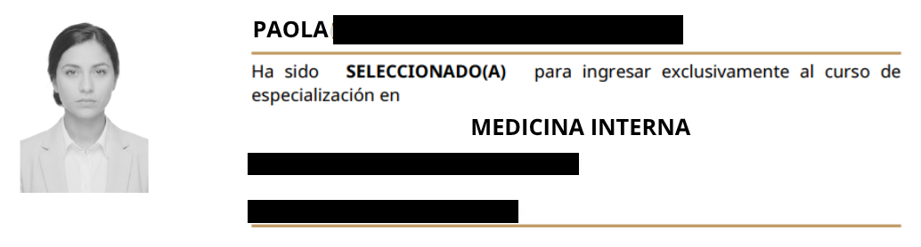 Carta de selección de Paola a Medicina Interna