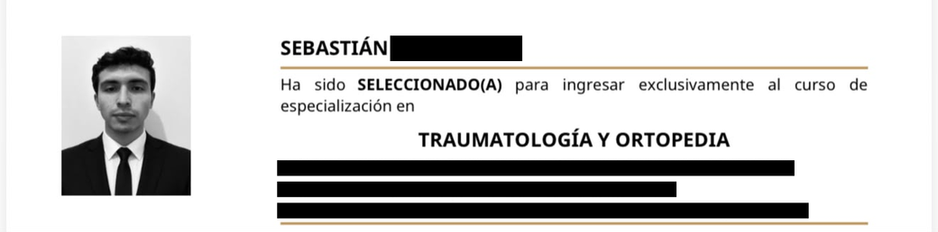 Carta de selección de Sebastián a Traumatología y Ortopedia